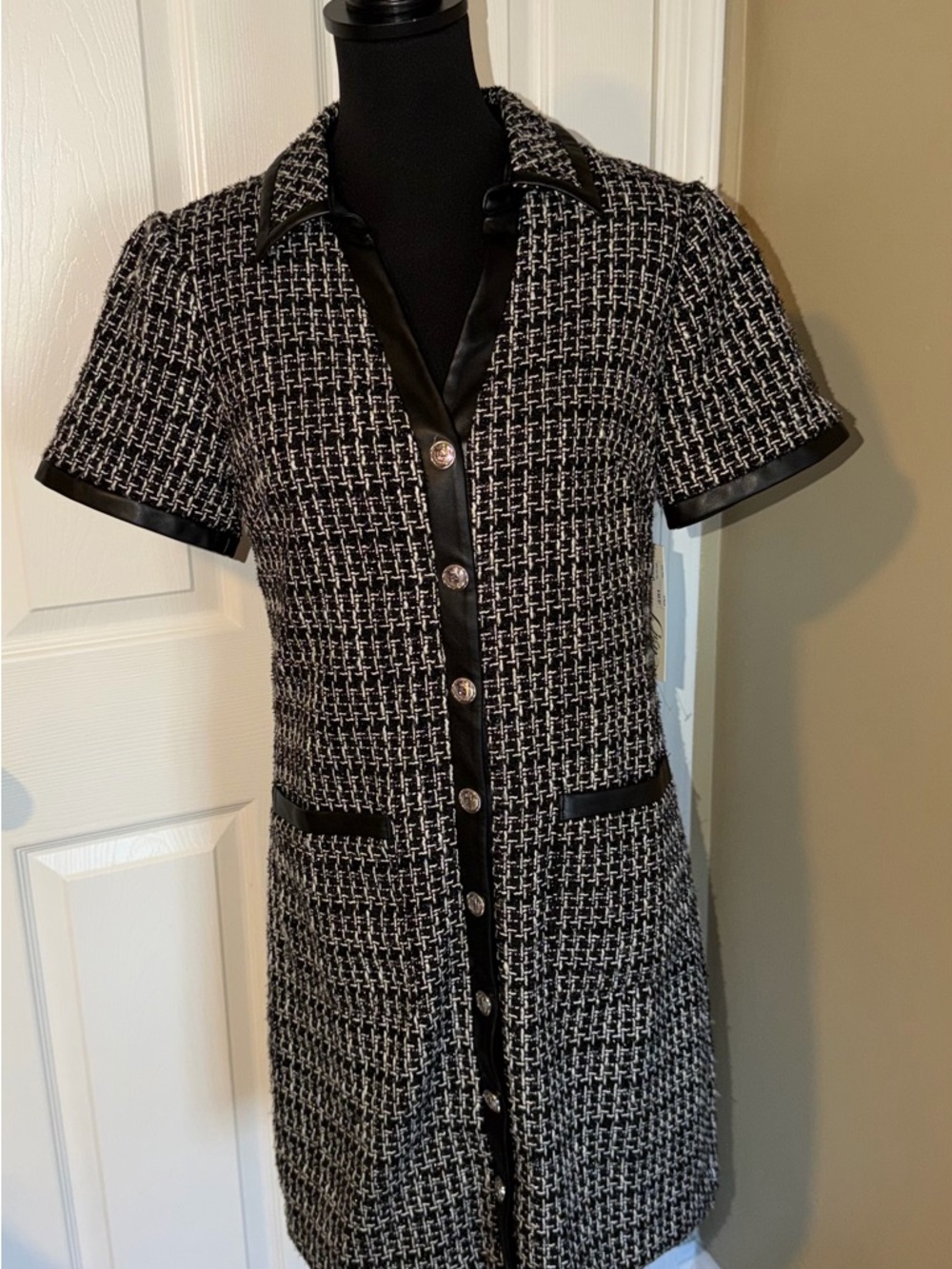 Eliza J Black and White Tweed Button-Front Shift Dress